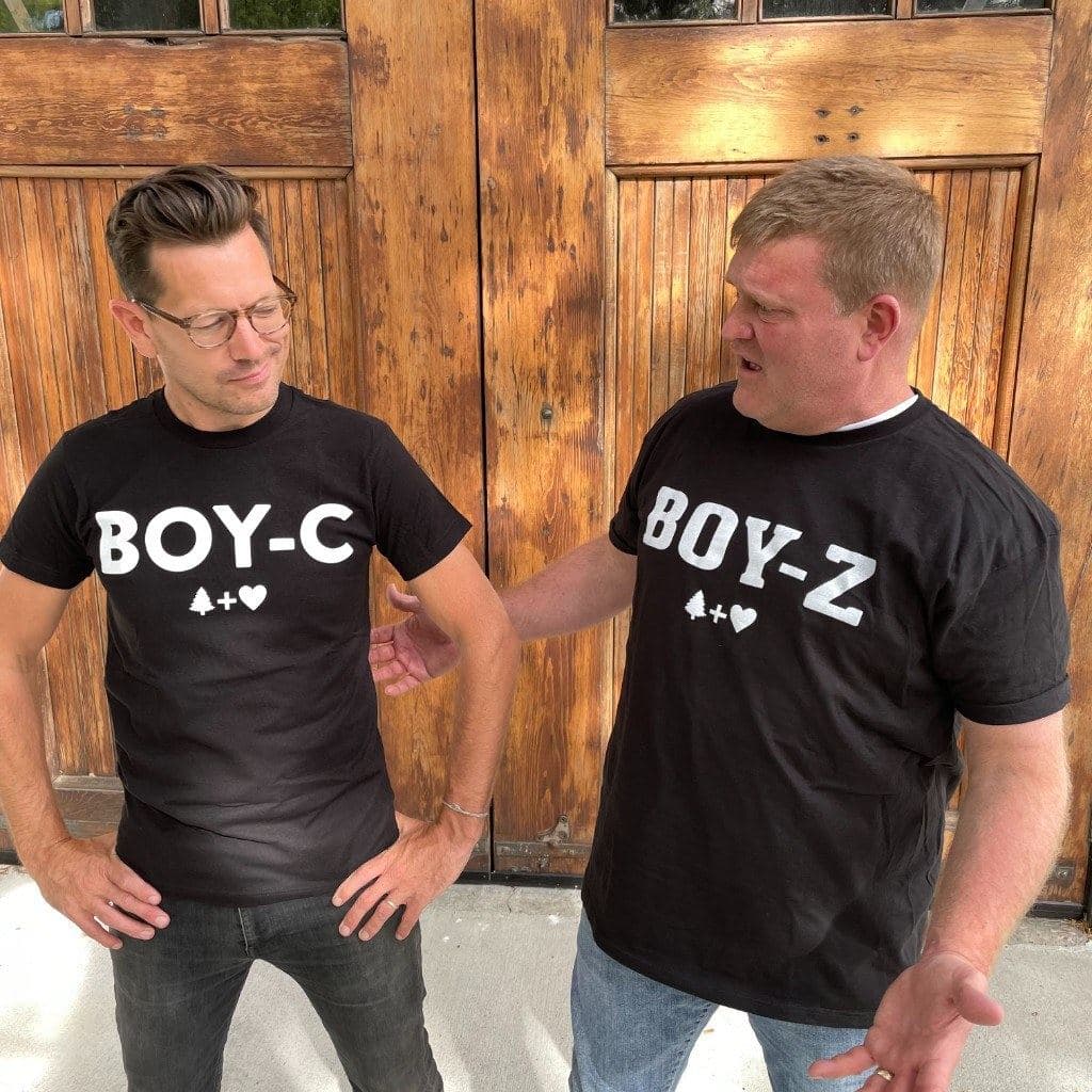Luke Caldwell and Clint Robertson in matching BOY-C and BOY-Z shirts