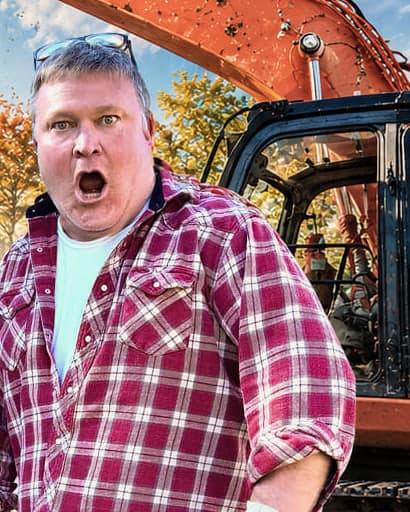 Clint Robertson, the contractor half of The Boise Boys, in a plaid shirt and work gloves beside an excavator