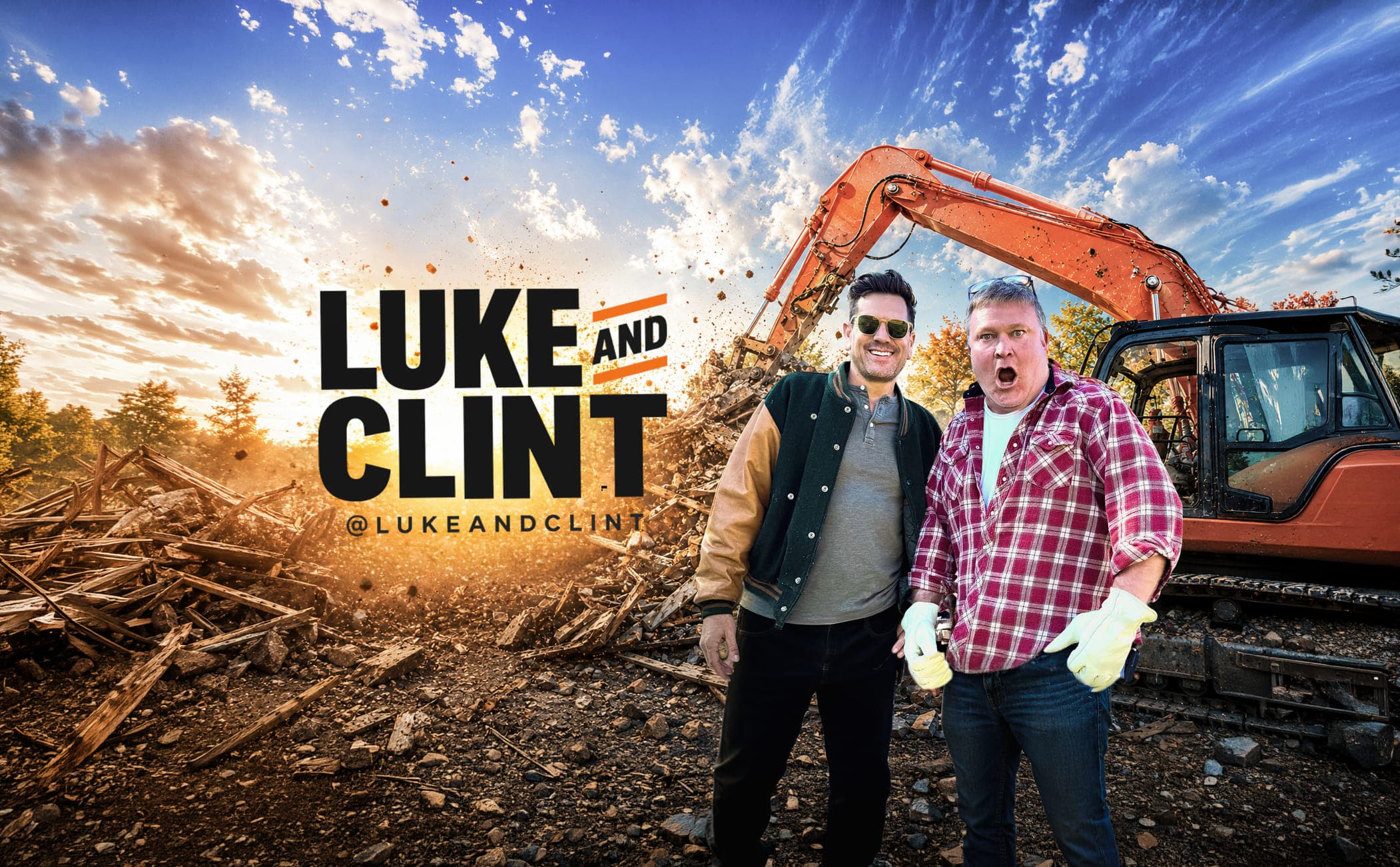 Luke Caldwell and Clint Robertson standing in front of an orange excavator on a demolition site strewn with broken timber, beneath the Luke and Clint logo